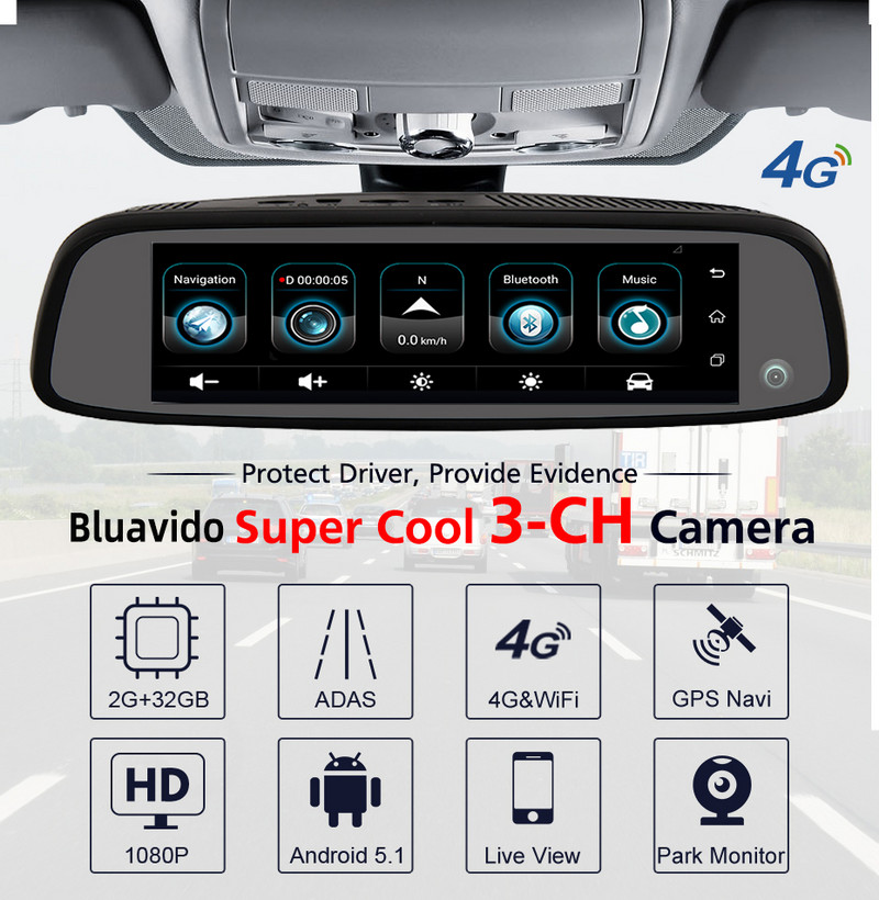 Bluavido 3 kamere Dash Cam 4G Android auto video snimač GPS navigacija ADAS 2G RAM 32G ROM FHD 1080P Retrovizor DVR WiFi