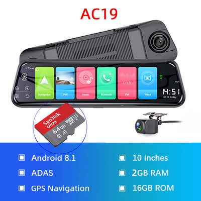 Bluavido 10" 4G Android 8.1 Dashcam Navigatie GPS ADAS Oglinda retrovizoare pentru masina Camera Full HD 1080P Inregistrator video auto DVR WiFi BT