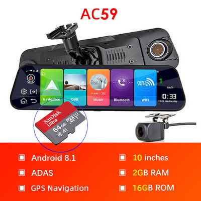 Bluavido 10" 4G Android 8.1 Dashcam Navigatie GPS ADAS Oglinda retrovizoare pentru masina Camera Full HD 1080P Inregistrator video auto DVR WiFi BT