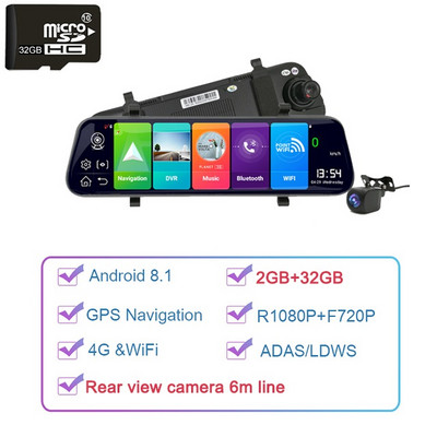 Navigator GPS Android 8.1 de 10 inchi 4G ADAS suportă cameră oglindă retrovizoare 1080p Video Recorder cu două lentile Dashcam monitor auto