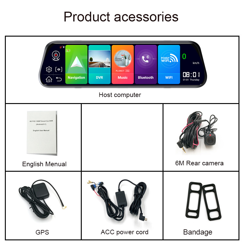 Navigator GPS Android 8.1 de 10 inchi 4G ADAS suportă cameră oglindă retrovizoare 1080p Video Recorder cu două lentile Dashcam monitor auto