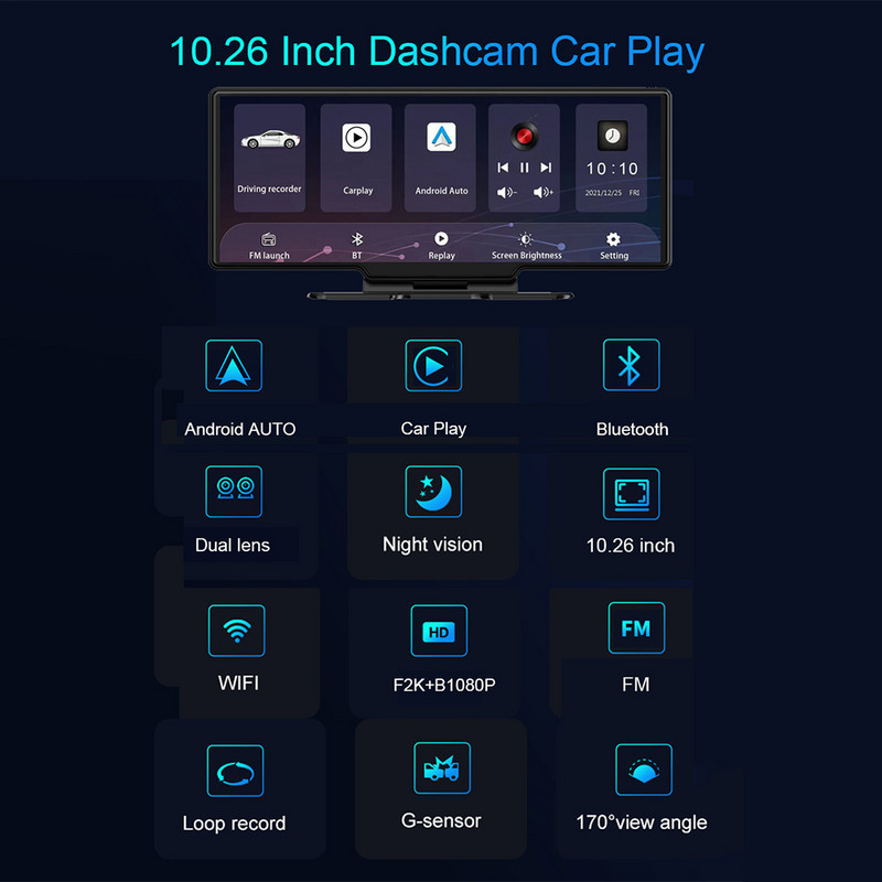 Allwinner 10 colių 2K dviejų objektyvų brūkšninis fotoaparatas belaidis CarPlay Bluetooth Android Auto automobilinis DVR Navigacija vairavimo įrašymo įrenginys WiFi APP Con