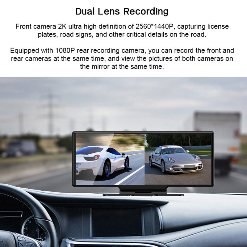 Allwinner 10 colių 2K dviejų objektyvų brūkšninis fotoaparatas belaidis CarPlay Bluetooth Android Auto automobilinis DVR Navigacija vairavimo įrašymo įrenginys WiFi APP Con