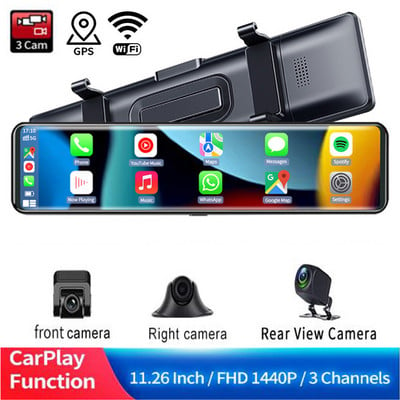 3 kameras 1440P+1080P+1080P atpakaļskata spoguļa paneļa kamera Carplay un Android Auto Wifi GPS navigācija FM pārraide, automašīnas DVR kamera