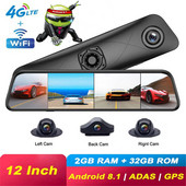 12 inch 4G Android 8.1 Oglindă retrovizoare 4+32GB DVR auto 4 canale Tablou de bord Cameră automată Navigație GPS ADAS Wifi Video Recorder