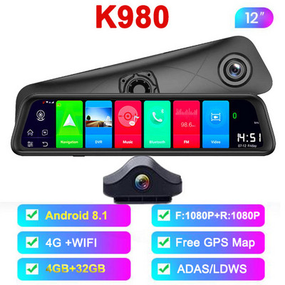 12 inch 4G Android 8.1 Oglindă retrovizoare 4+32GB DVR auto 4 canale Tablou de bord Cameră automată Navigație GPS ADAS Wifi Video Recorder