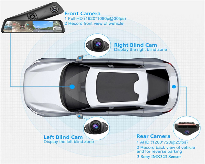 12 inch 4G Android 8.1 Oglindă retrovizoare 4+32GB DVR auto 4 canale Tablou de bord Cameră automată Navigație GPS ADAS Wifi Video Recorder