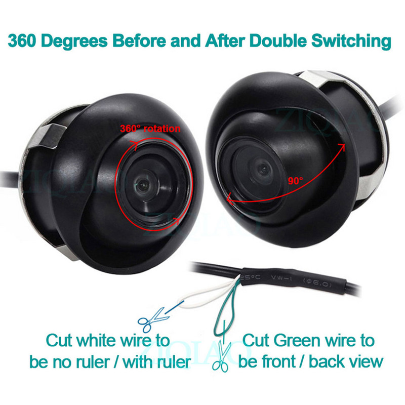 ZIQIAO Cameră inversă pentru vedere laterală față HD, rotație de 360°, vedere pe timp de noapte, cameră impermeabilă pentru mașină pentru vedere spate