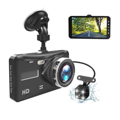 Dash Cam Dual Lens mini auto DVR Full HD 1080P 4" skārienekrāna IPS ar rezerves aizmugurējās kameras reģistratoru nakts redzamības video ieraksts