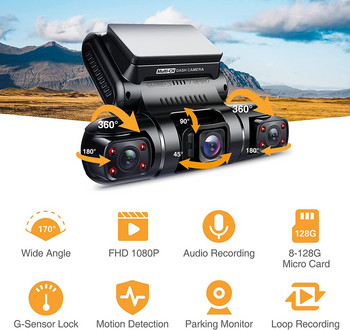 Κάμερα Dash Cam 3 ιντσών LCD 3 ιντσών 1080P+1080P+1080P DVR αυτοκινήτου με 3 φακούς 8 Υπέρυθρο φως Κάμερα Super Night Vision WIFI/WDR/ADAS