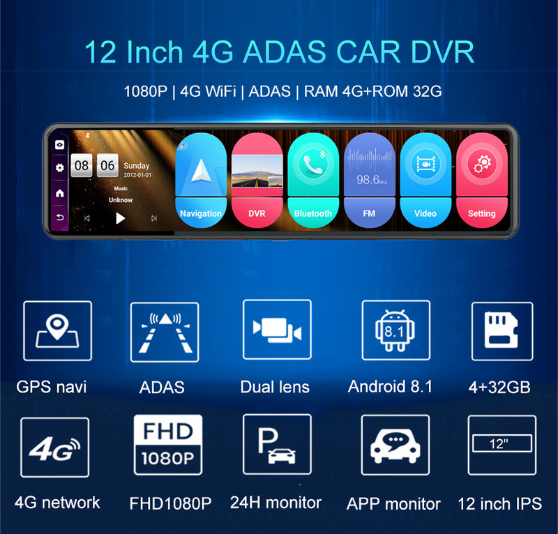 Anfilite Android 8.1 Oglindă retrovizoare pentru mașină Video Recorder Cameră de bord cu lentilă duală 4GB+32GB Navigație GPS 12 inch 1080P DVR