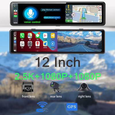 3 Cameras 12 Inch Rearview Mirror 2.5K 2560*1440P Car DVR Carplay & Android Auto WiFi GPS Bluetooth Connection Video Recorder