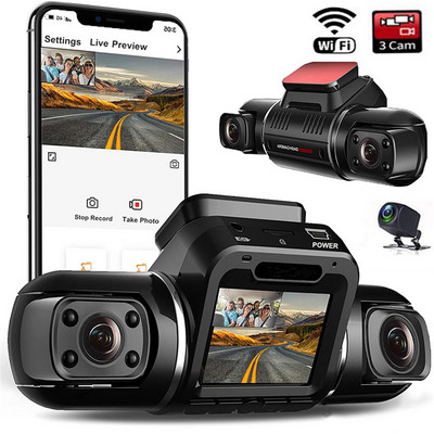 3 Channel Dashcam 360° Panoramic Car DVR 4 Infrared LED Lights 3*1080P WiFi Control Video Recorder UHD Night Vision 24H Parking