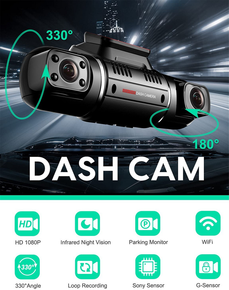 3 kanalų Dashcam 360° panoraminis automobilinis DVR 4 infraraudonųjų spindulių LED lemputės 3*1080p WiFi valdymo vaizdo registratorius UHD naktinis matymas 24h parkavimas