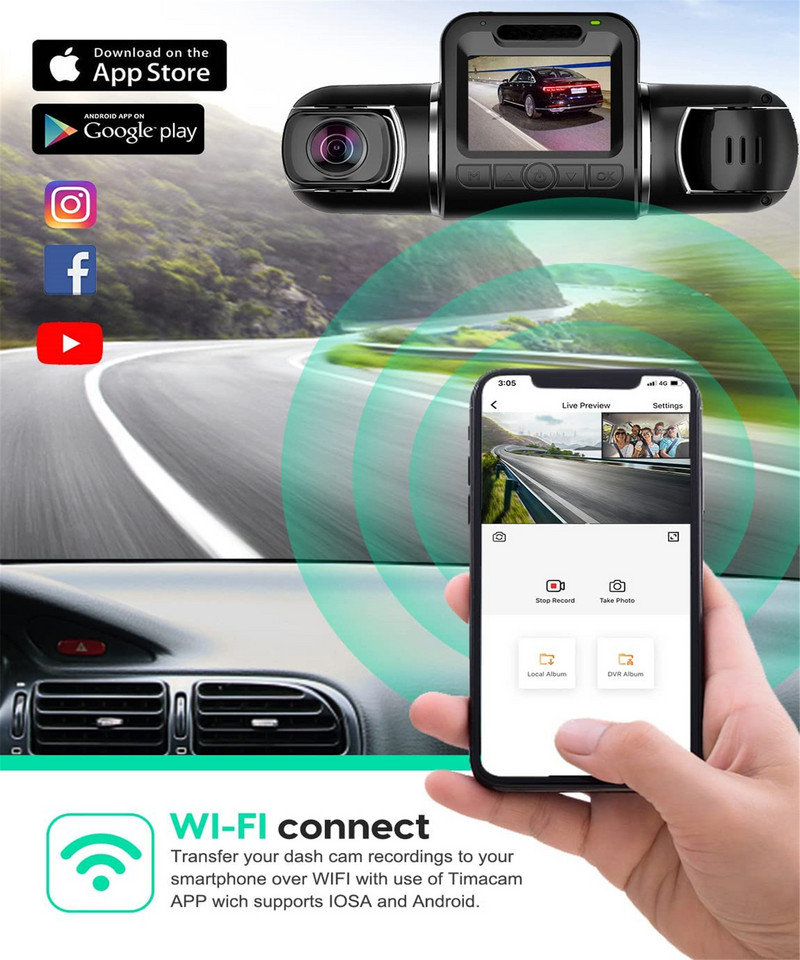 3 kanalų Dashcam 360° panoraminis automobilinis DVR 4 infraraudonųjų spindulių LED lemputės 3*1080p WiFi valdymo vaizdo registratorius UHD naktinis matymas 24h parkavimas