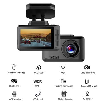 Anfilite Νέο 4k WiFi GPS Ultra HD 4K 3840*2160P Εγγραφή οδήγησης αυτοκινήτου DVR Κάμερα με διπλό φακό εγγραφής Sony IMX 335