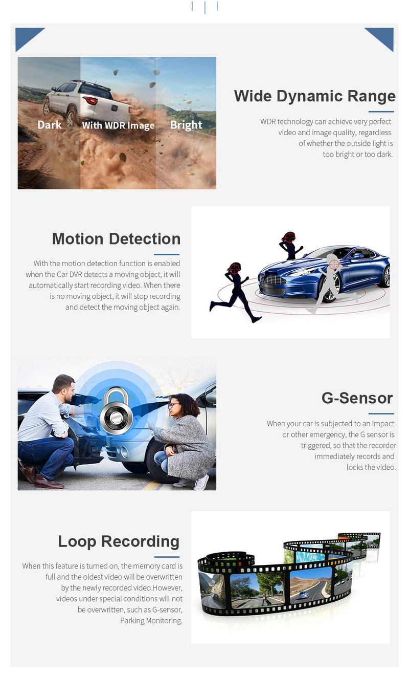 3 objektīvu automašīnas DVR 4 collu 1080P Dash Cam 1080P HD nakts redzamības ierakstītājs ar atpakaļskata atpakaļskata kameru cietā diska video ierakstītāju