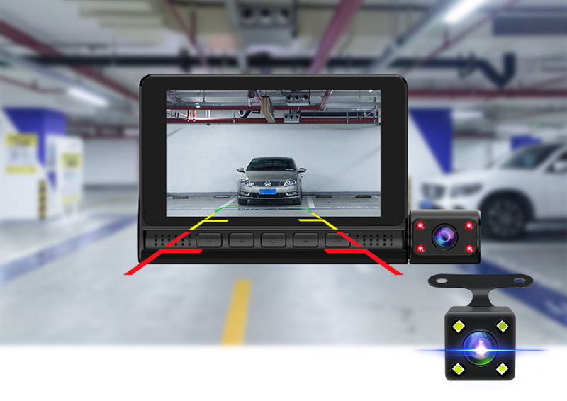 3 objektīvu automašīnas DVR 4 collu 1080P Dash Cam 1080P HD nakts redzamības ierakstītājs ar atpakaļskata atpakaļskata kameru cietā diska video ierakstītāju