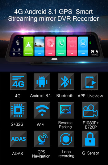 10-инчов 4G Dashboard Driving Recorder Android 8.1 2GB+32GB Car DVR ADAS WIFI GPS Navigation Registrar HD 1080P Video Recorder