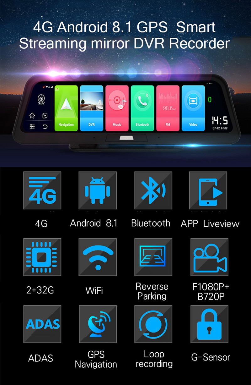 10-inch 4G Driving Recorder Android 8.1 2GB+32GB Car DVR ADAS WIFI GPS Navigation Registrar HD 1080P Video Recorder