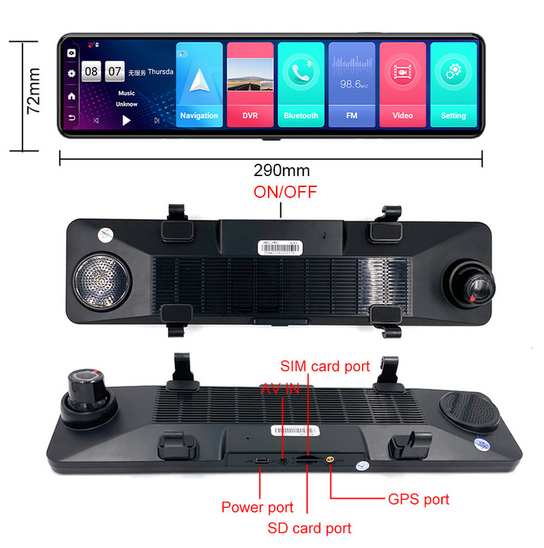 Αυτοκίνητο Smart Rearview Mirror Recorder Video 4GB+32GB 12`` Triple Screen Dual Lens Dash Camera Android 8.1 GPS Navigation ADAS DVR