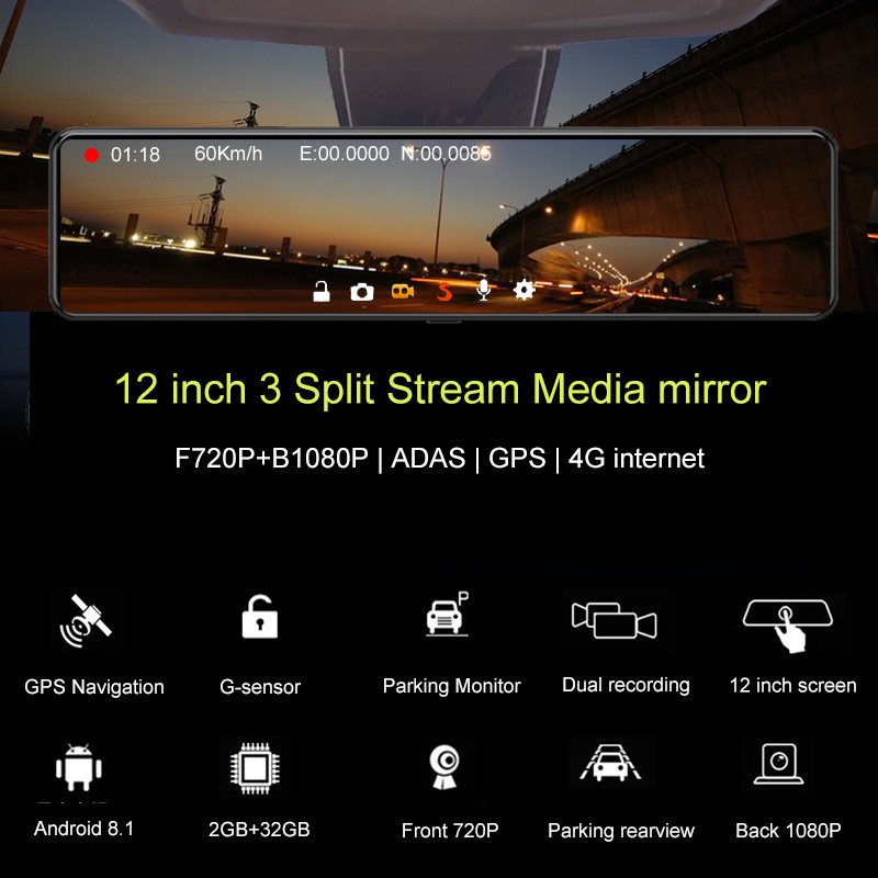 Αυτοκίνητο Smart Rearview Mirror Recorder Video 4GB+32GB 12`` Triple Screen Dual Lens Dash Camera Android 8.1 GPS Navigation ADAS DVR