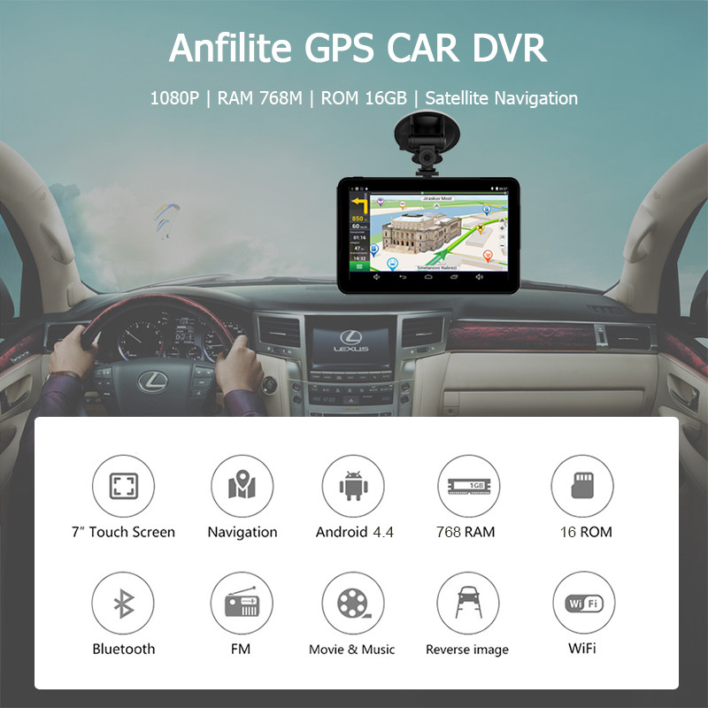 Anfilite 7" Ecran capacitiv dvr auto Android Navigator GPS WIFI Full HD 1080P Cameră video Recorder Registrator Cameră de bord