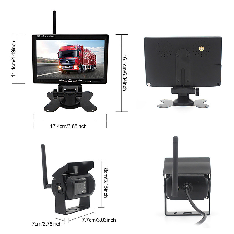 7-tolline juhtmevaba automonitori ekraan Vastupidav auto tagurduskaamera komplekt 18 infrapunatuled Öönägemine tagurpidi sõiduki tagurdamine