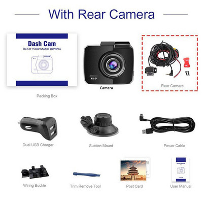 Cameră de bord 4K Cameră frontală 2160P + Cameră spate 1080P cu lentilă duală Înregistrator DVR pentru mașină GPS încorporat WiFi WDR Cameră video automată cu viziune de noapte