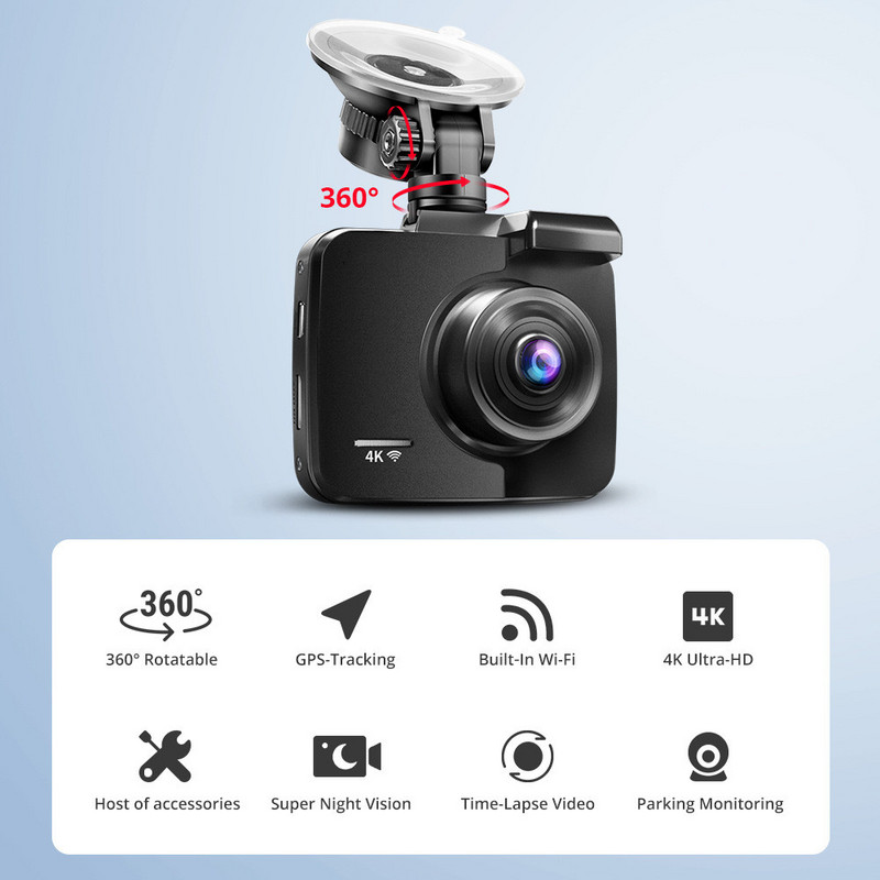 Cameră de bord 4K Cameră frontală 2160P + Cameră spate 1080P cu lentilă duală Înregistrator DVR pentru mașină GPS încorporat WiFi WDR Cameră video automată cu viziune de noapte