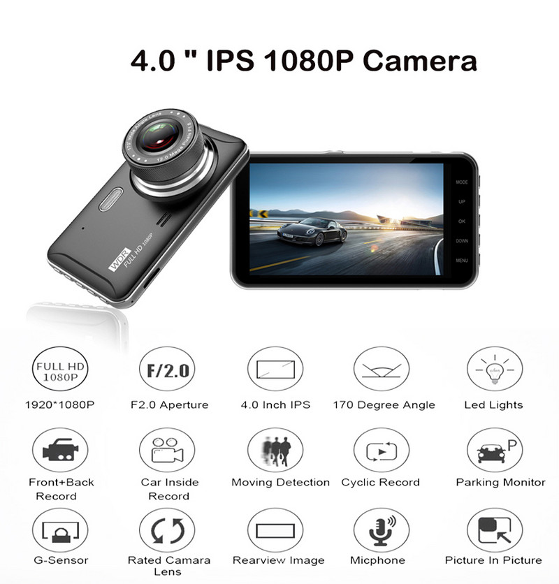 Anfilite 4.0" Κάμερα Dvr αυτοκινήτου Full HD 1080P Dash Cam Auto Registrator με διπλό φακό νυχτερινή όραση με κάμερα οπισθοπορείας εγγραφής βίντεο