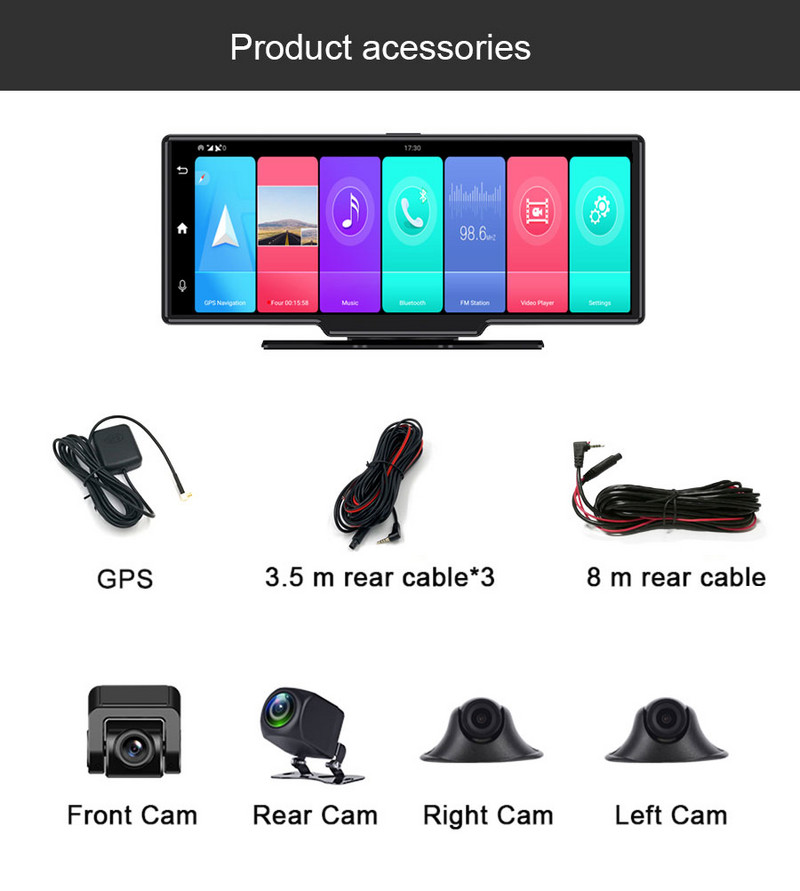 4 kanaliga auto panoraam-DVR tahavaate peegelkaamera salvesti 4G Android 8.1 2 GB RAM 32 GB ROM WIFI BT GPS Navigatsiooni armatuurkaamera