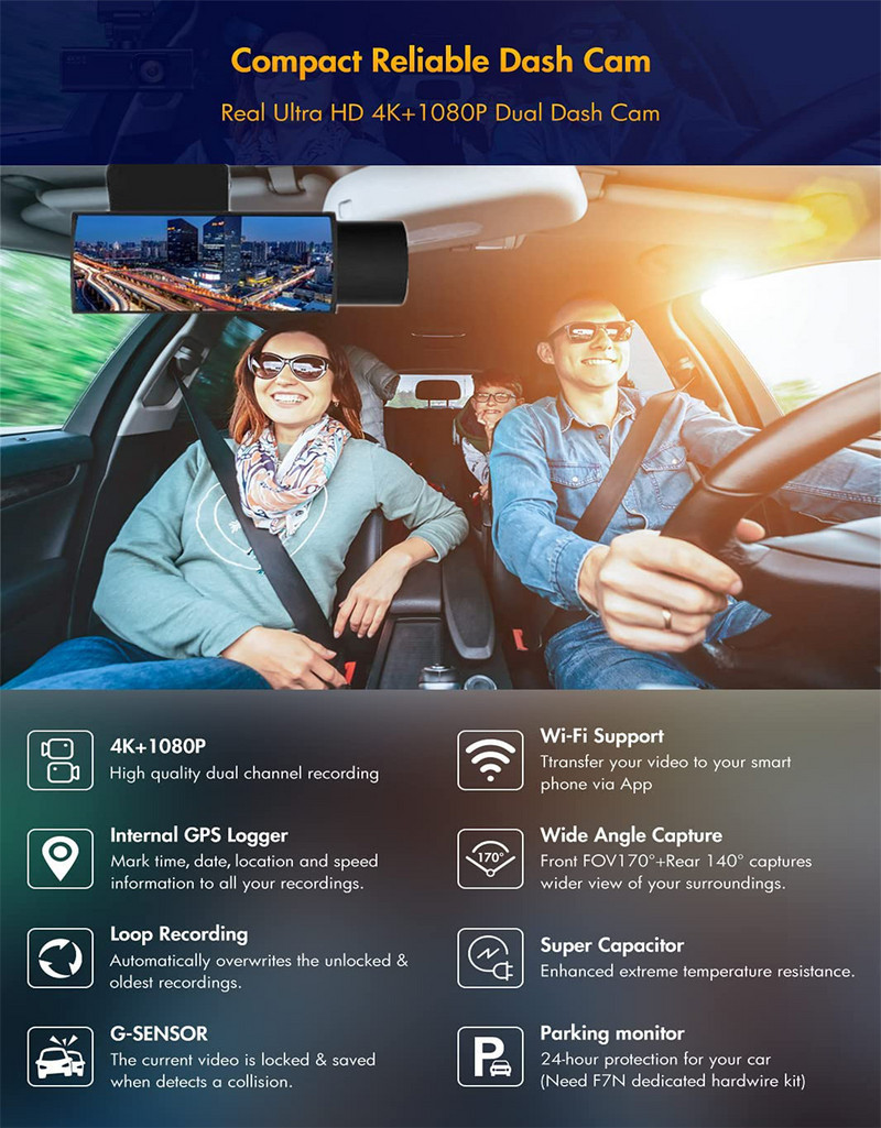 DVR auto de 3,16 inci 4K UHD 3840*2160P Cameră de bord WIFI GPS Monitor parc Sony IMX415 Senzor 1080P Cameră auto Înregistrare cu vedere nocturnă