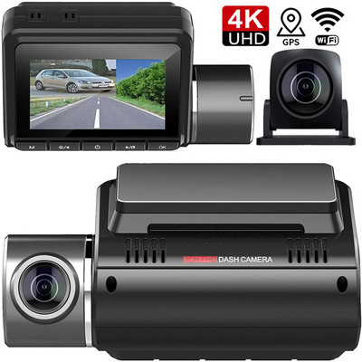 Автомобилен DVR с двоен обектив 4K Видеорекордер за табло 3`` LCD преден и заден 2160P+1080P Двойни камери Dashcam WIFI GPS ADAS Нощно виждане