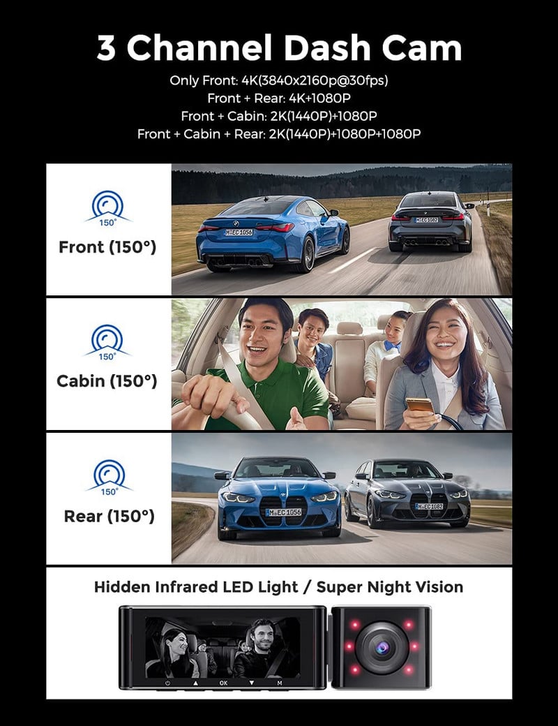 3 Κανάλια 4K+1080P+1080P Εμπρός και πίσω Τρεις κάμερες Εγγραφή βίντεο 3 ιντσών GPS/WiFi Dash Cam Υπέρυθρη νυχτερινή όραση 24ωρη στάθμευση
