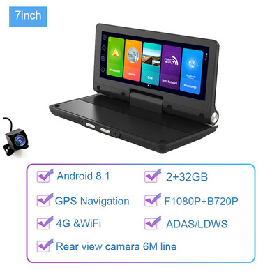 6.86 inch 4G WIFI Android 8.1 Tablou de bord Inregistrator video ADAS FHD 1080P Dash Cam Registrator de navigare GPS cu camera din spate