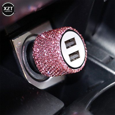 Диамантено монтирано безопасно зарядно устройство за автомобил с чук, двойно USB, бързо заредено диамантено устройство за автомобил от алуминиева сплав, 6 цвята