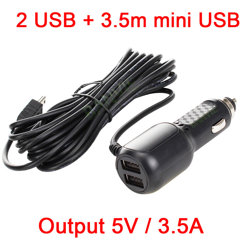 5 V 3,5 A kaks mini-USB-porti armatuurkaamera auto sigaretiadapter süütekaabli pistikupesa laadija DVR-i sõiduki laadimiseks 3,5 meetriga