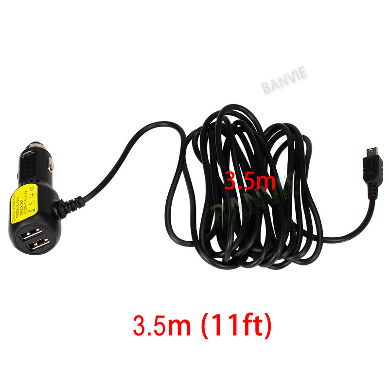 5 V 3,5 A kaks mini-USB-porti armatuurkaamera auto sigaretiadapter süütekaabli pistikupesa laadija DVR-i sõiduki laadimiseks 3,5 meetriga