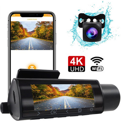 4K UHD Dash Cam 3,16 hüvelykes elülső és hátsó LCD kijelző, kettős műszerfalú kamera WiFi digitális videórögzítő WDR IR lencse éjjellátó