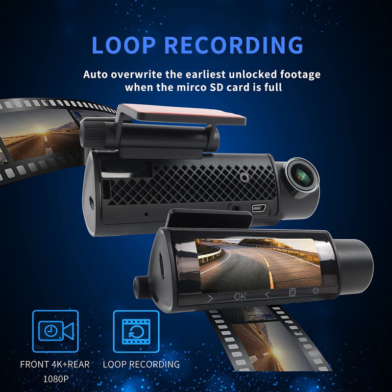 4K UHD Dash Cam 3,16 ιντσών Εμπρός και πίσω οθόνη LCD Dual Dash Camera WiFi Ψηφιακό βίντεο εγγραφής WDR IR Φακός Νυχτερινής όρασης