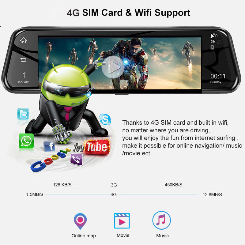 Anstar 10'' 4G Rearview Mirror Car DVR 1080P Εγγραφή βίντεο Dash Cam Dual Lens ADAS GPS Navigation Auto Registrar Camera