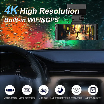 4K UHD Dash Cam 4 ιντσών DVR αυτοκινήτου Μπροστινό 2160P Πίσω 1080P Διπλού φακού GPS WIFI WDR 170° Κάμερα νυχτερινής όρασης 24ωρη οθόνη στάθμευσης