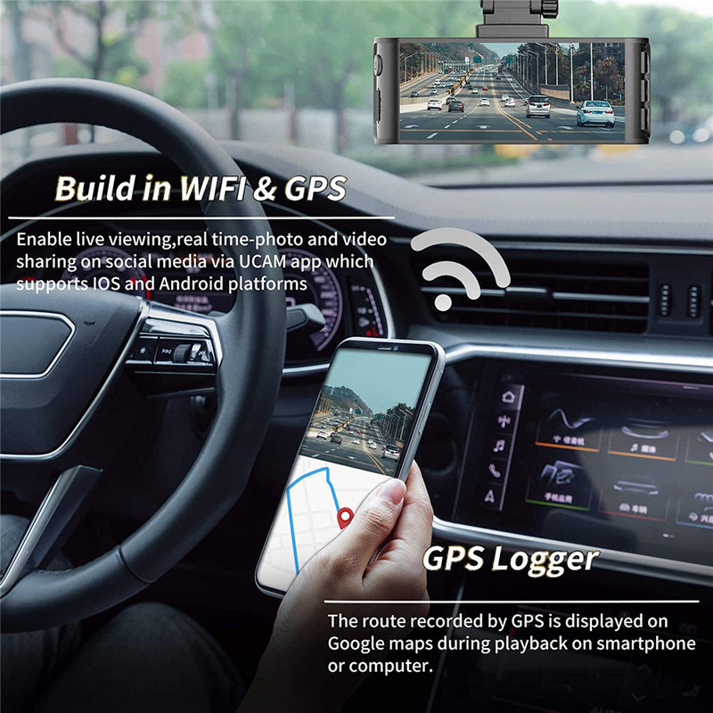 Cameră de bord 4K UHD DVR pentru mașină de 4 inchi față 2160P spate 1080P cu lentile duble GPS WIFI WDR Cameră cu vedere nocturnă 170° 24h Monitor parc