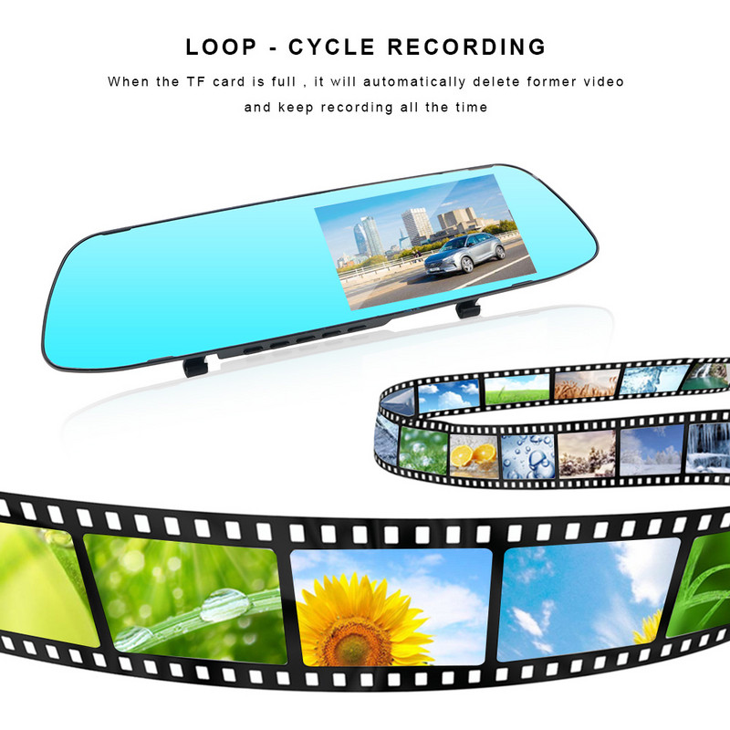 Inregistrator de condus Video DVR pentru masina Dash Camera Inregistrator cu oglinda retrovizoare cu canale dublu Ecran IPS Viziune nocturna Imagine inversa