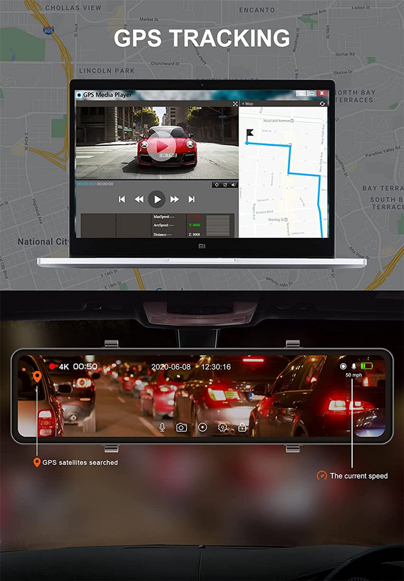 12-tolline tahavaatepeegli auto-DVR 4K 3840*2160P puuteekraaniga videosalvesti Sony IMX415 GPS-i öönägemise tagurduskaameraga