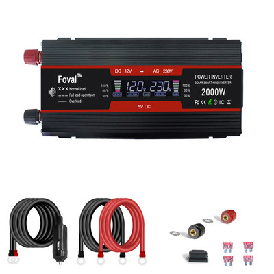 1500W/2000W/2600W võimsusmuundur Modifitseeritud siinuslaine LCD-ekraan DC 12V kuni AC 220V Päikeseenergia 2 USB autotrafo Konverteeri EU pistikupesa