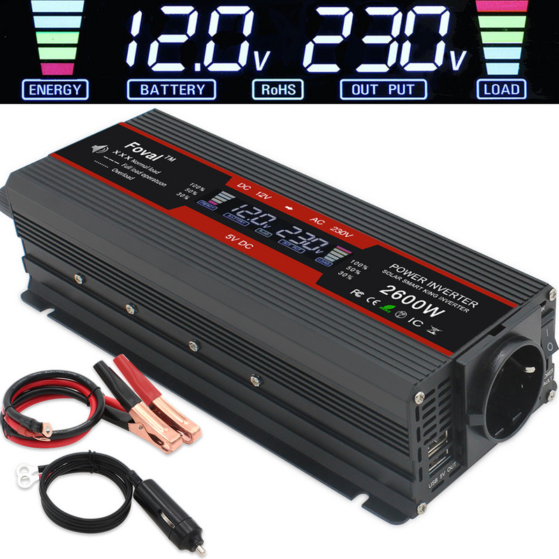 1500W/2000W/2600W võimsusmuundur Modifitseeritud siinuslaine LCD-ekraan DC 12V kuni AC 220V Päikeseenergia 2 USB autotrafo Konverteeri EU pistikupesa