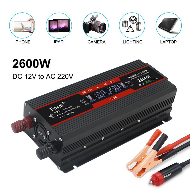 1500W/2000W/2600W võimsusmuundur Modifitseeritud siinuslaine LCD-ekraan DC 12V kuni AC 220V Päikeseenergia 2 USB autotrafo Konverteeri EU pistikupesa