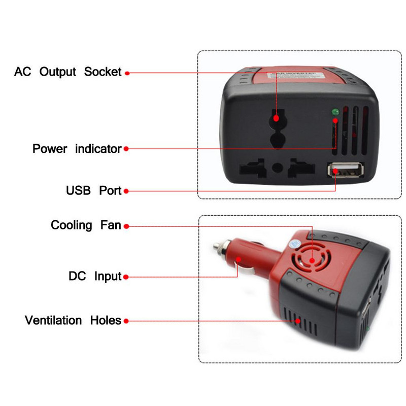 150 W auto toiteinverter DC 12 V kuni AC 220 V USB 5 V automaatse laadija adapter sülearvuti jaoks